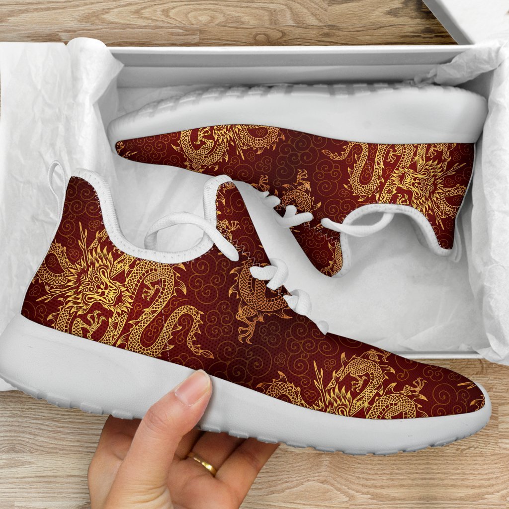 Gold Chinese Dragon Pattern Print Mesh Knit Shoes GearFrost