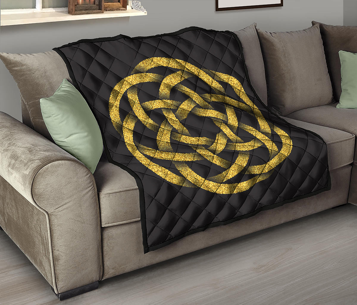 Gold Circle Celtic Knot Symbol Print Quilt