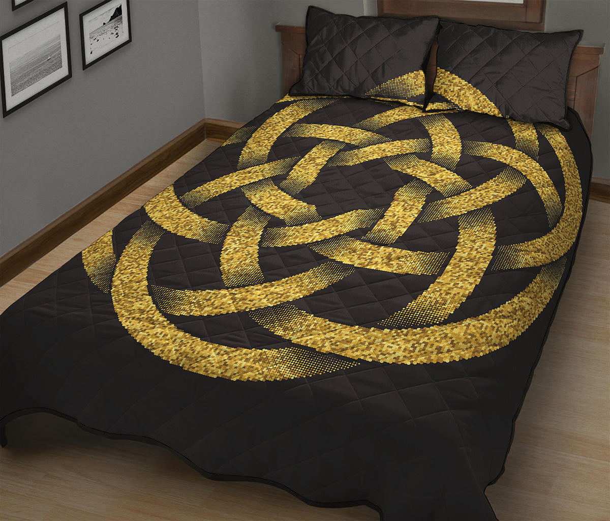 Gold Circle Celtic Knot Symbol Print Quilt Bed Set