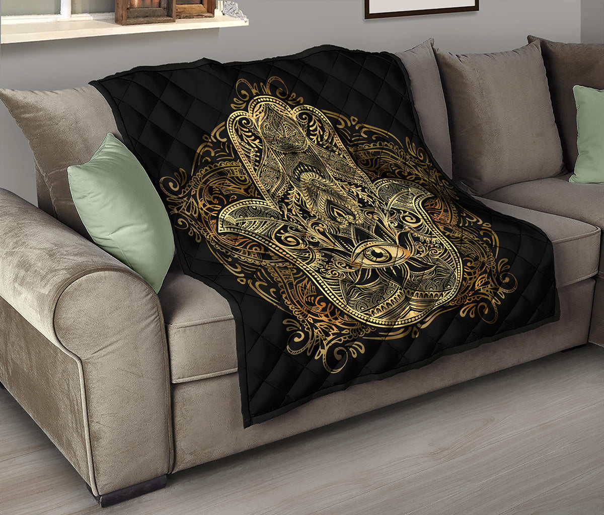 Gold Hamsa Hand Print Quilt