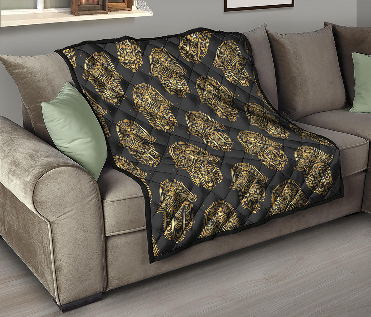 Gold Hamsa Pattern Print Quilt