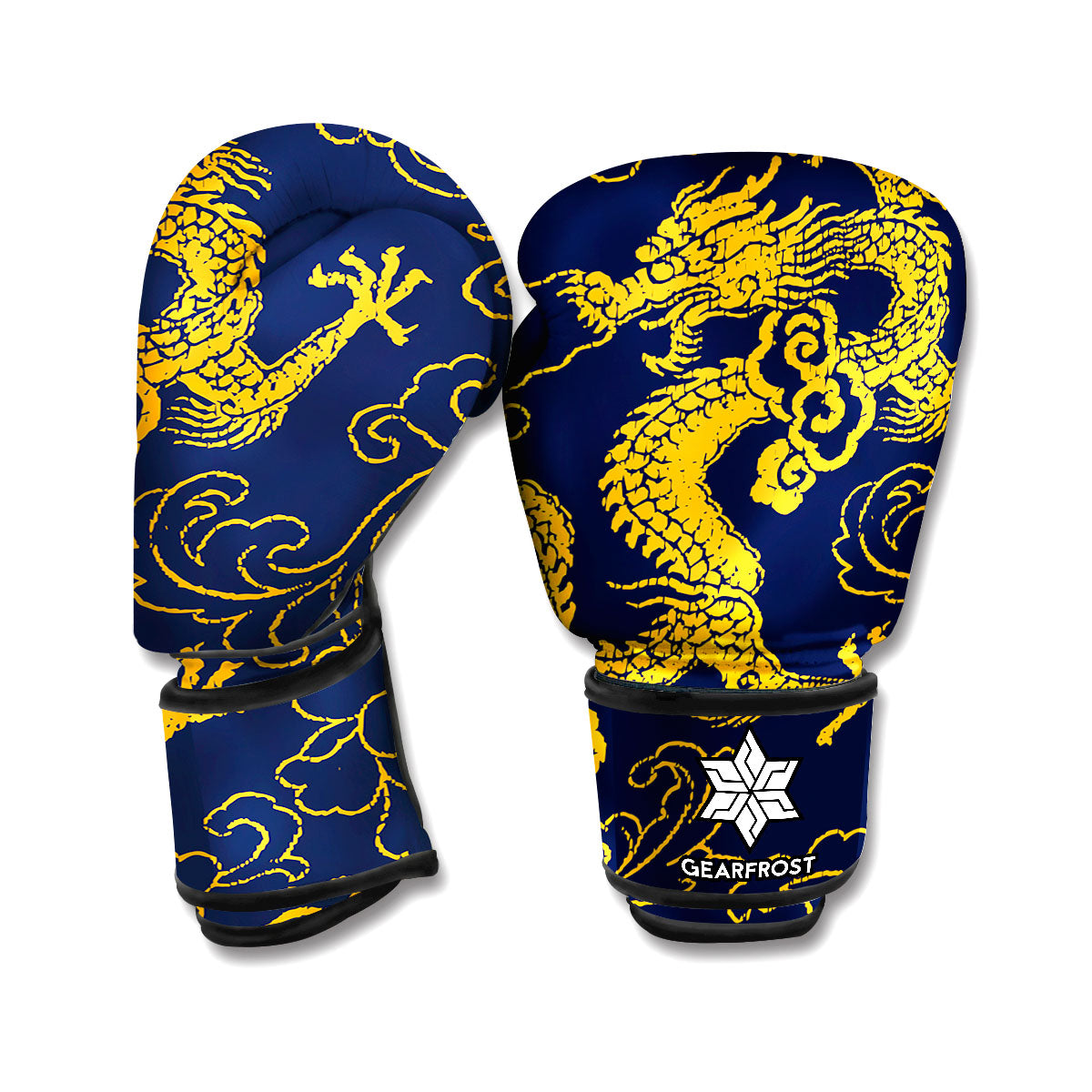 Gold Japanese Dragon Pattern Print Boxing Gloves