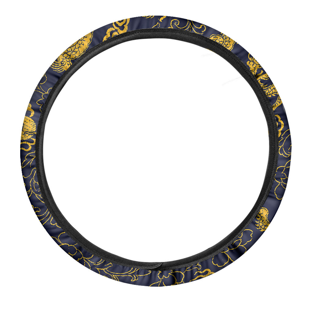 Gold Japanese Dragon Pattern Print Car Steering Wheel Cover