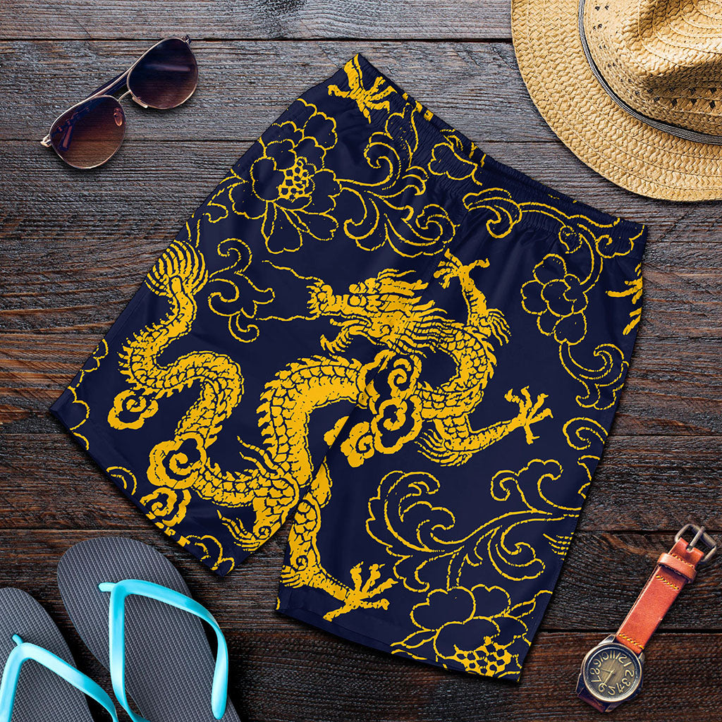 Gold Japanese Dragon Pattern Print Men's Shorts