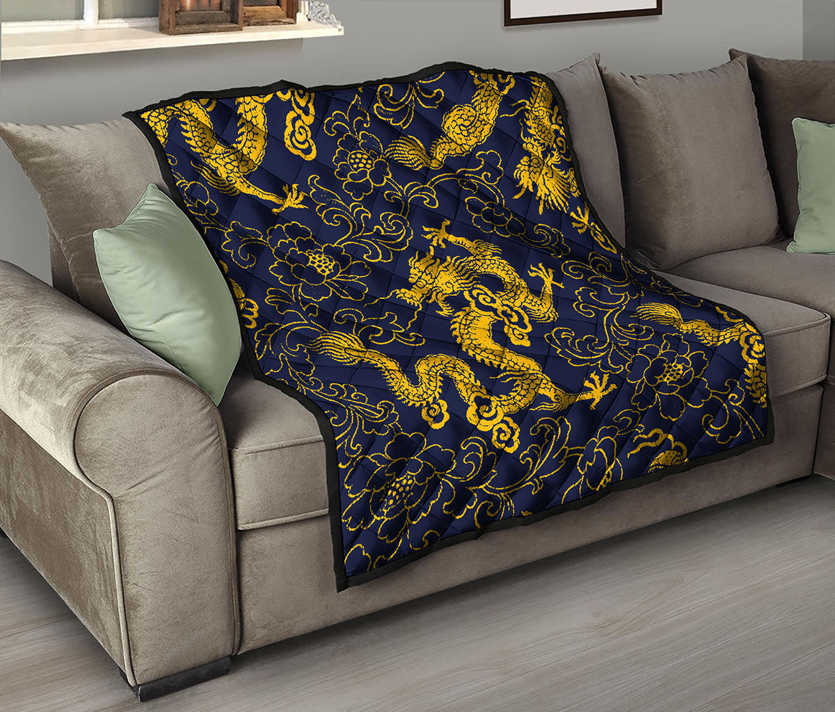 Gold Japanese Dragon Pattern Print Quilt