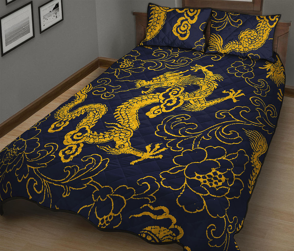 Gold Japanese Dragon Pattern Print Quilt Bed Set