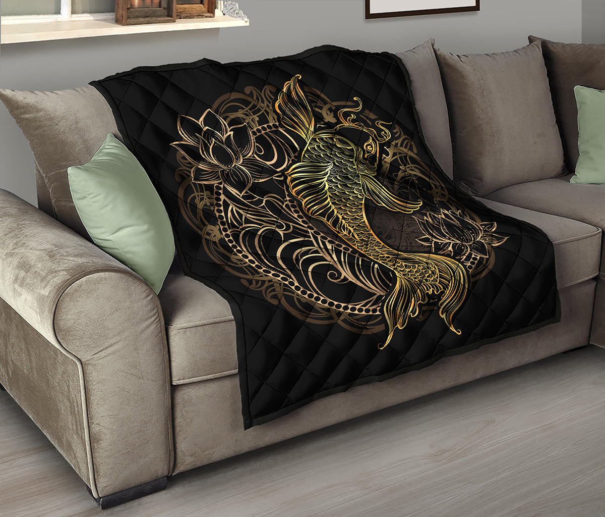 Gold Koi Carp Fish Print Quilt
