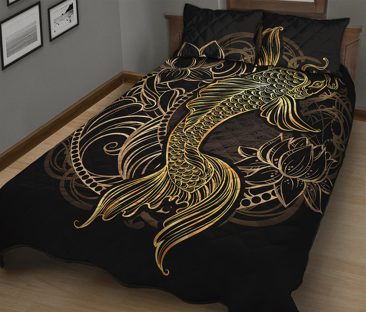 Gold Koi Carp Fish Print Quilt Bed Set