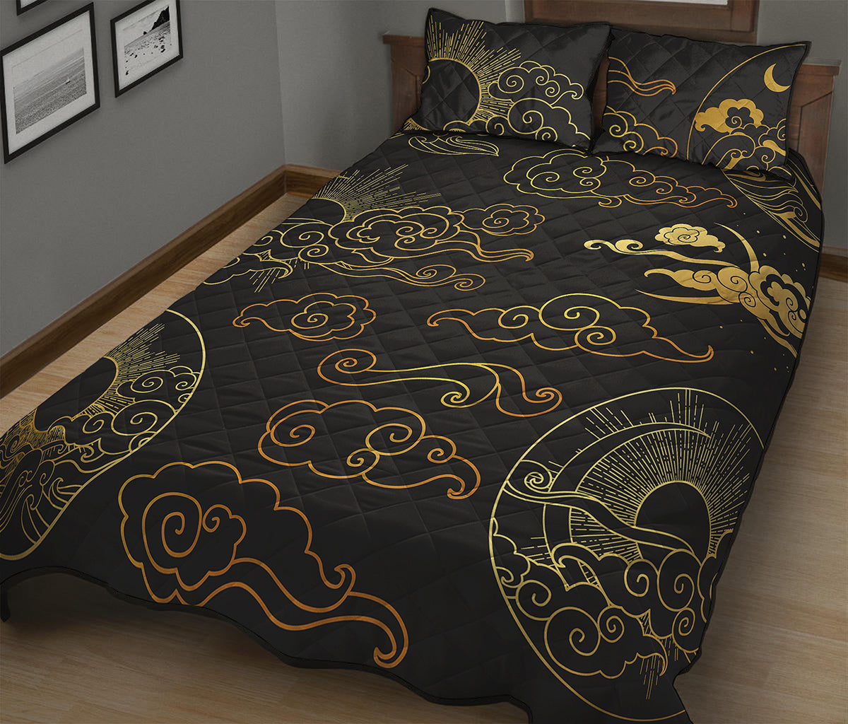 Gold Moon And Sun Print Quilt Bed Set