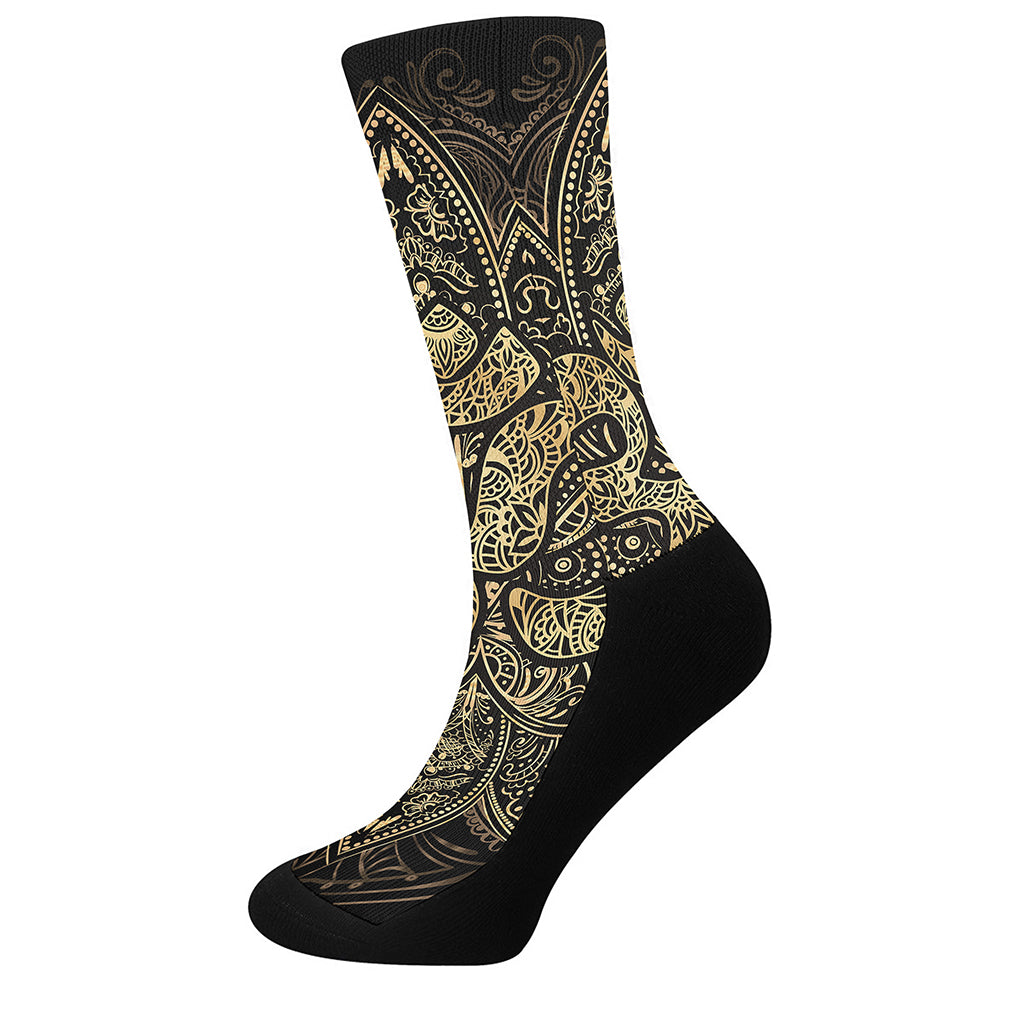 Gold Om Lotus Print Crew Socks