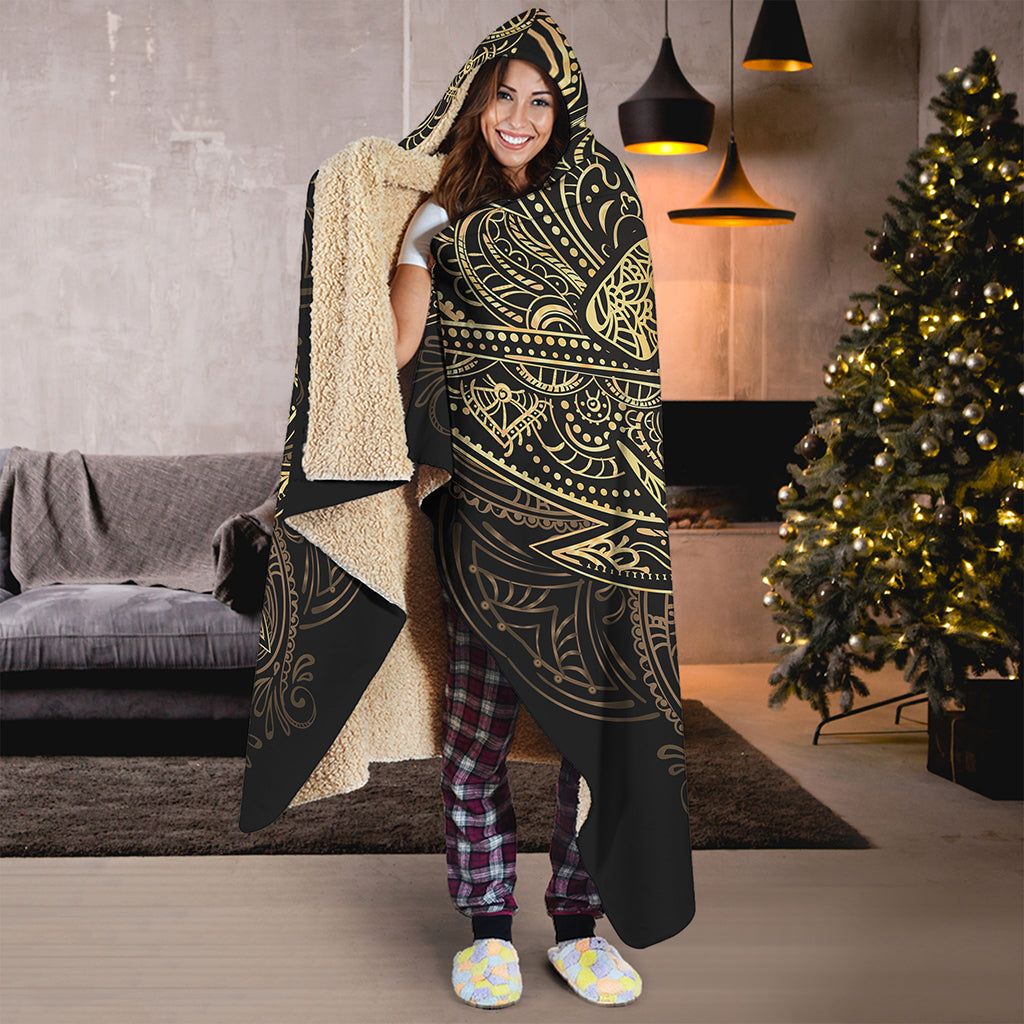 Gold Om Lotus Print Hooded Blanket