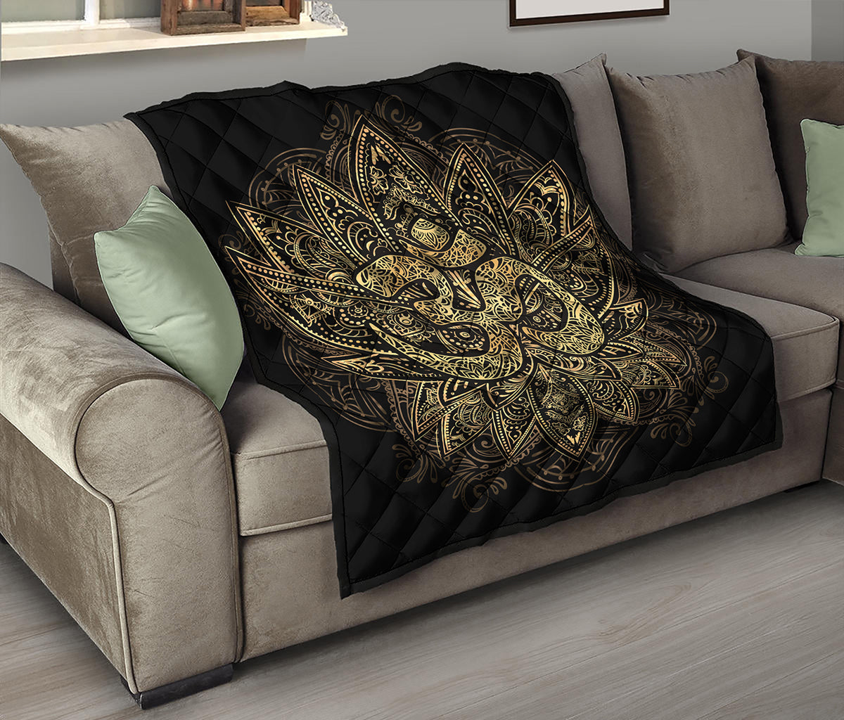 Gold Om Lotus Print Quilt