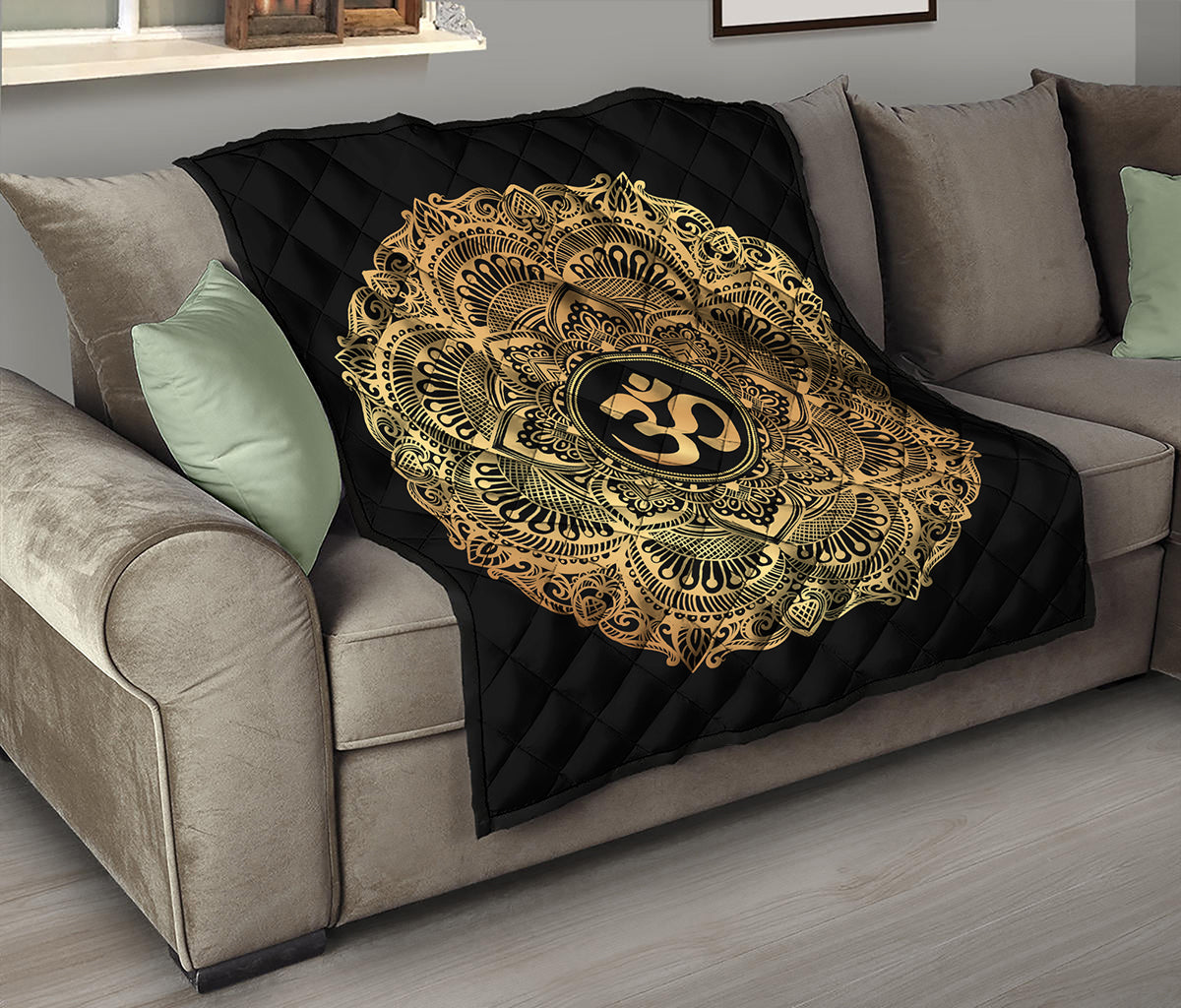 Gold Om Mandala Print Quilt