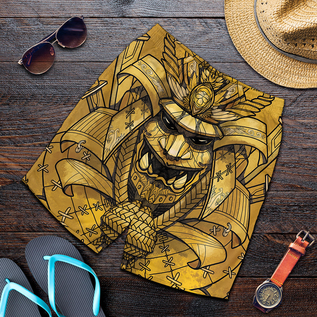 Gold Samurai Mask Print Men's Shorts