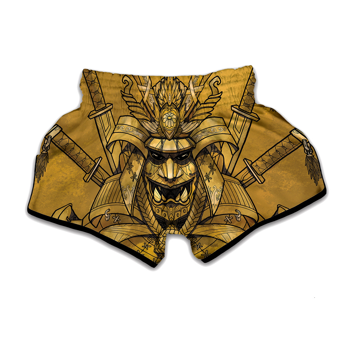 Gold Samurai Mask Print Muay Thai Boxing Shorts