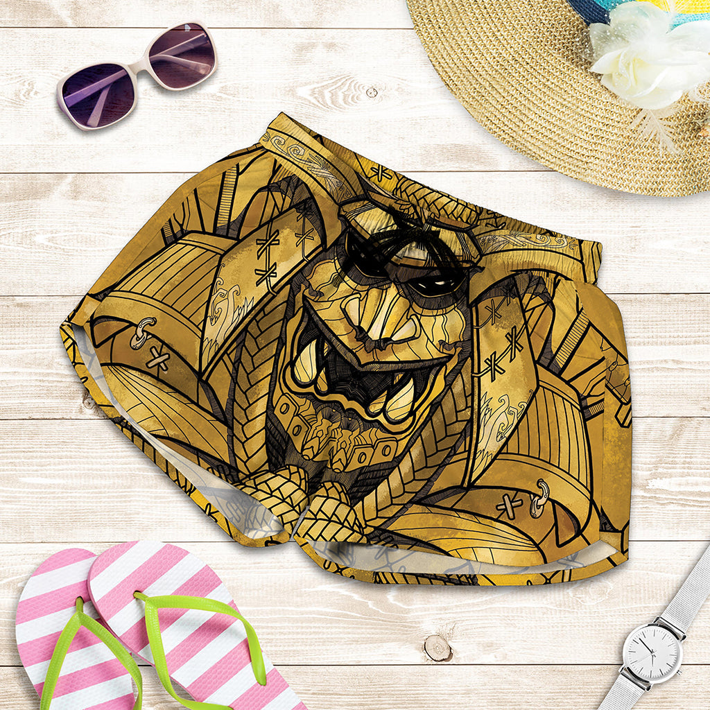 Gold Samurai Mask Print Women's Shorts