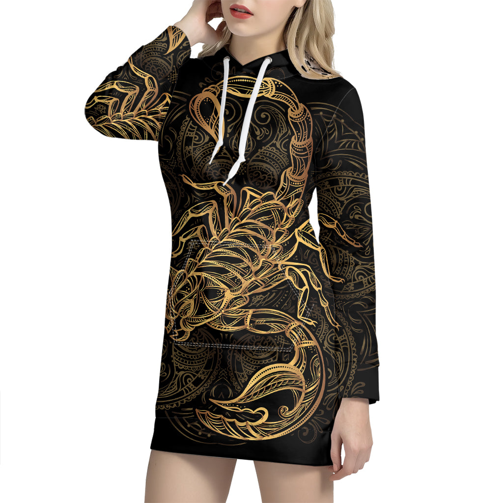 Gold Scorpio Print Pullover Hoodie Dress