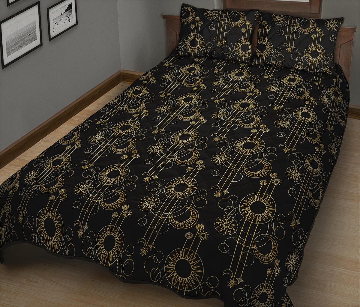 Gold Sun And Moon Pattern Print Quilt Bed Set
