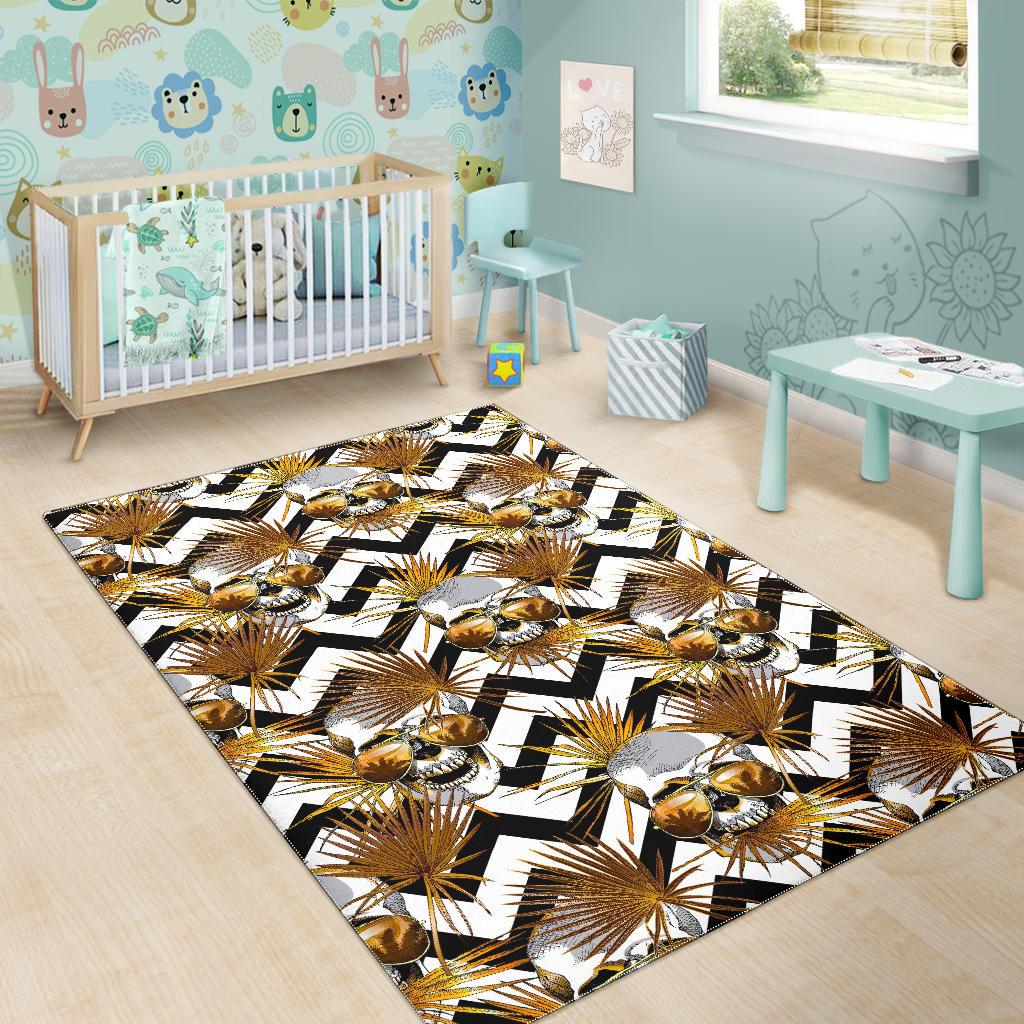 Gold Tropical Skull Pattern Print Area Rug GearFrost
