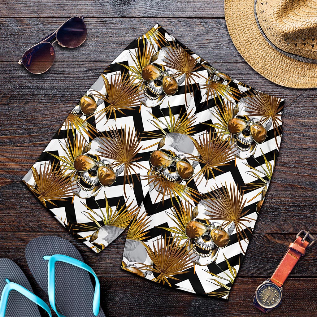 Gold Tropical Skull Pattern Print Men's Shorts