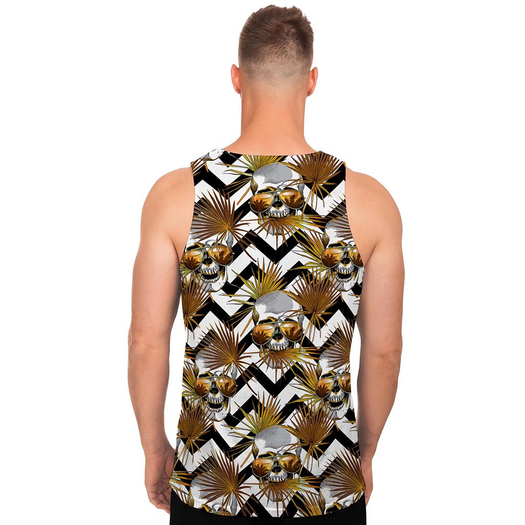 Gold Tropical Skull Pattern Print Men's Tank Top