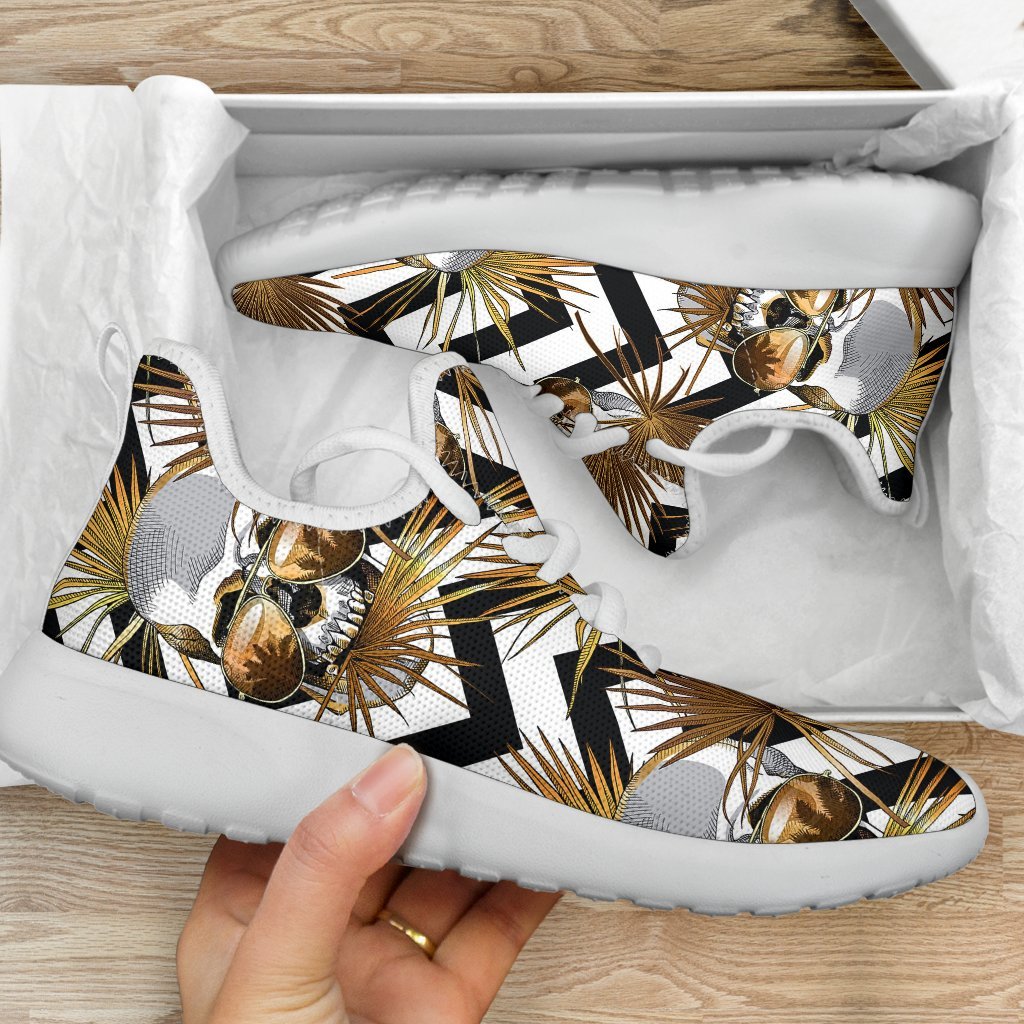 Gold Tropical Skull Pattern Print Mesh Knit Shoes GearFrost