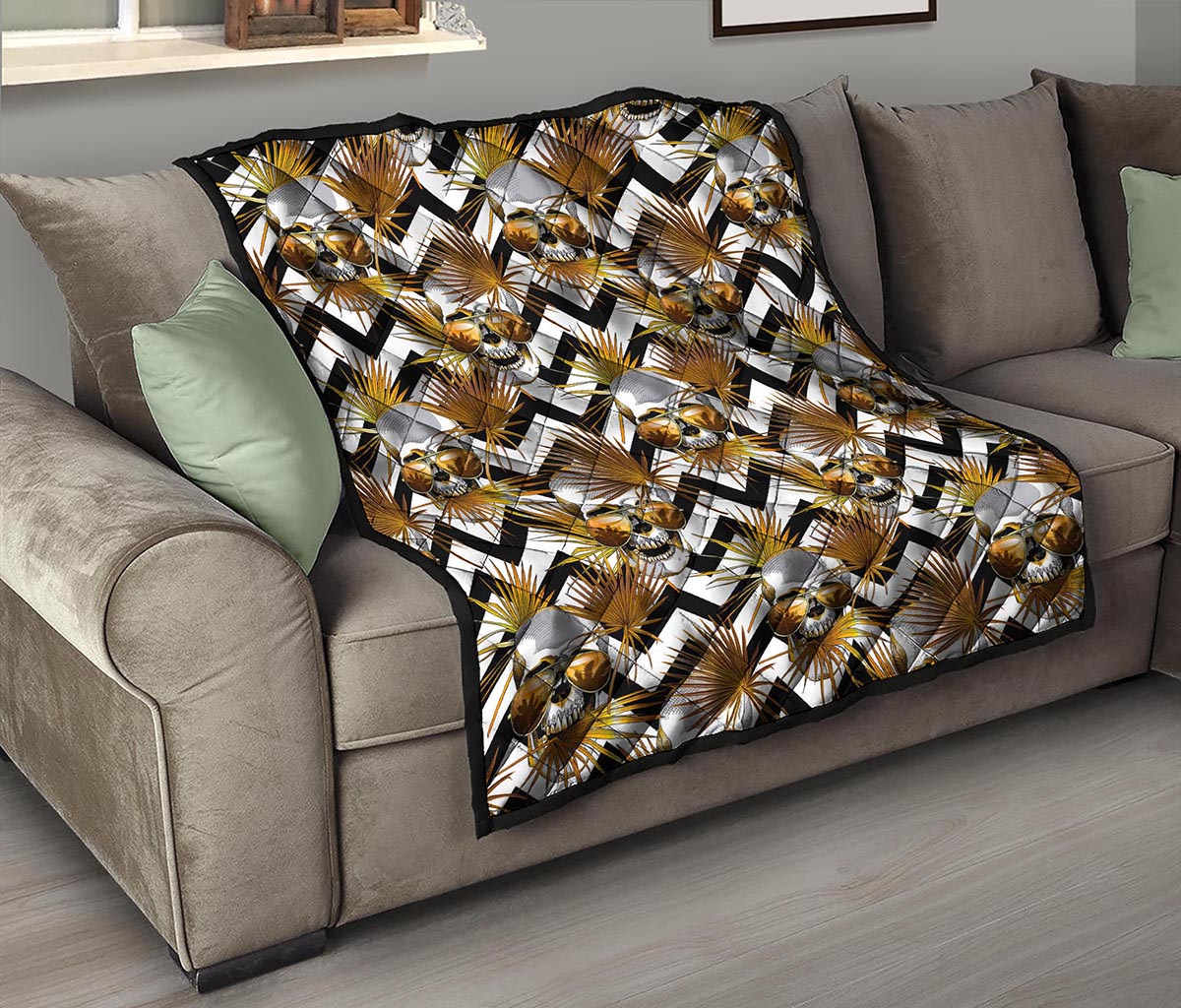 Gold Tropical Skull Pattern Print Quilt
