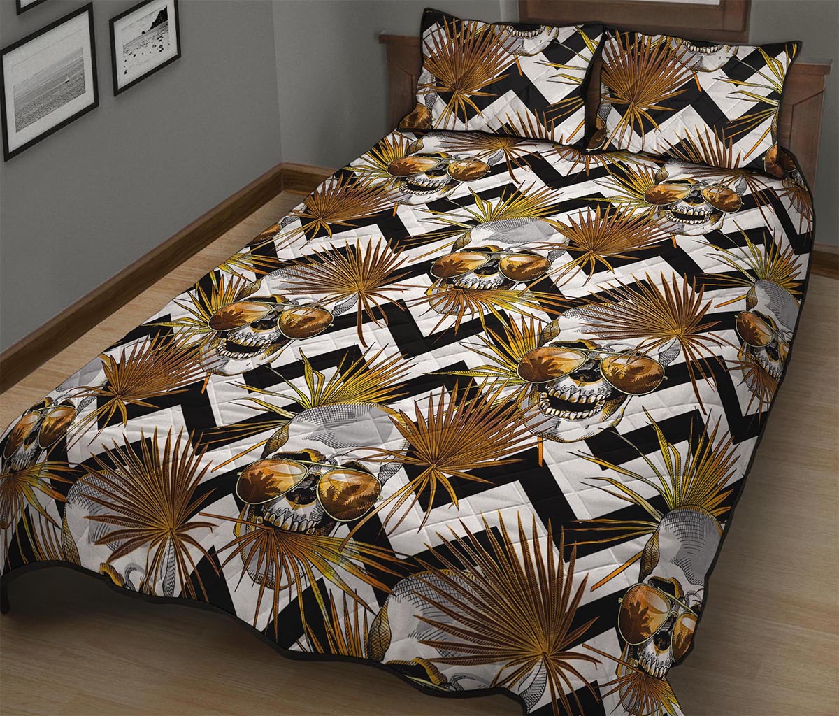 Gold Tropical Skull Pattern Print Quilt Bed Set
