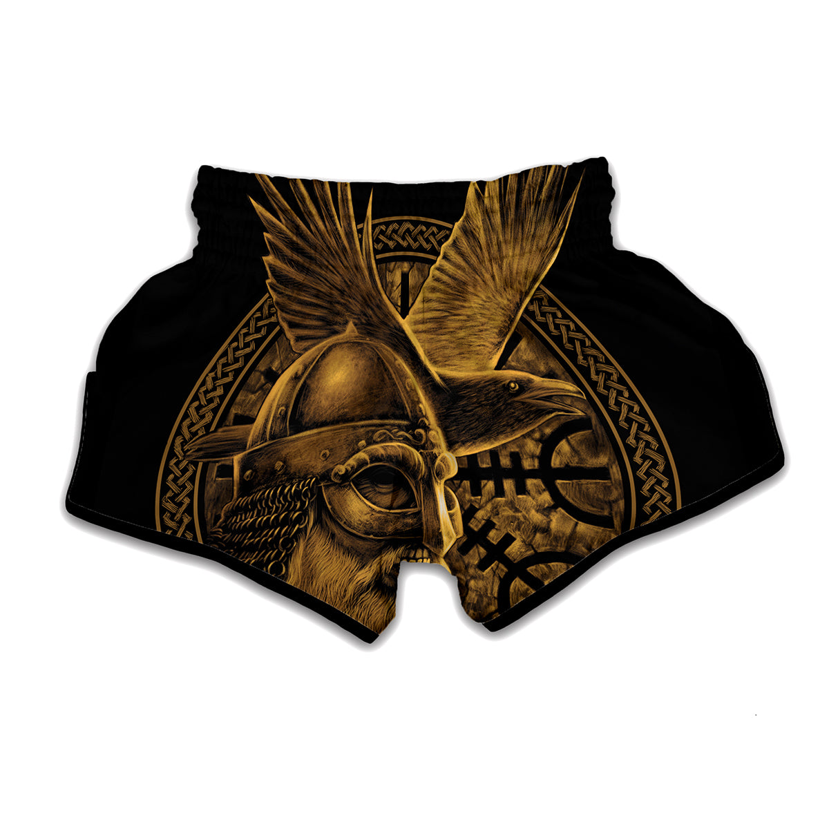 Gold Viking God Odin And Crow Print Muay Thai Boxing Shorts
