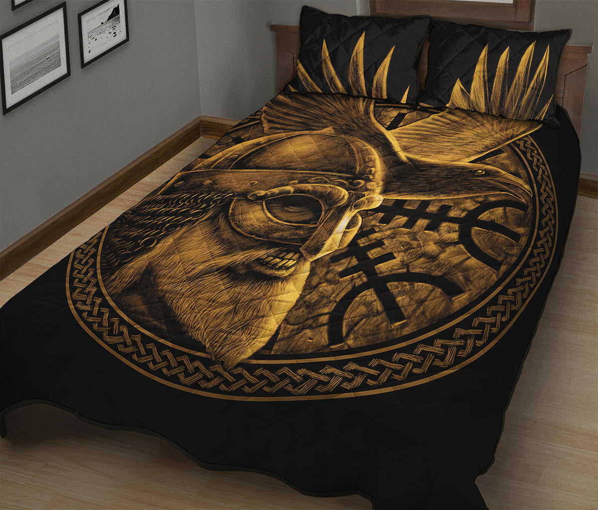 Gold Viking God Odin And Crow Print Quilt Bed Set