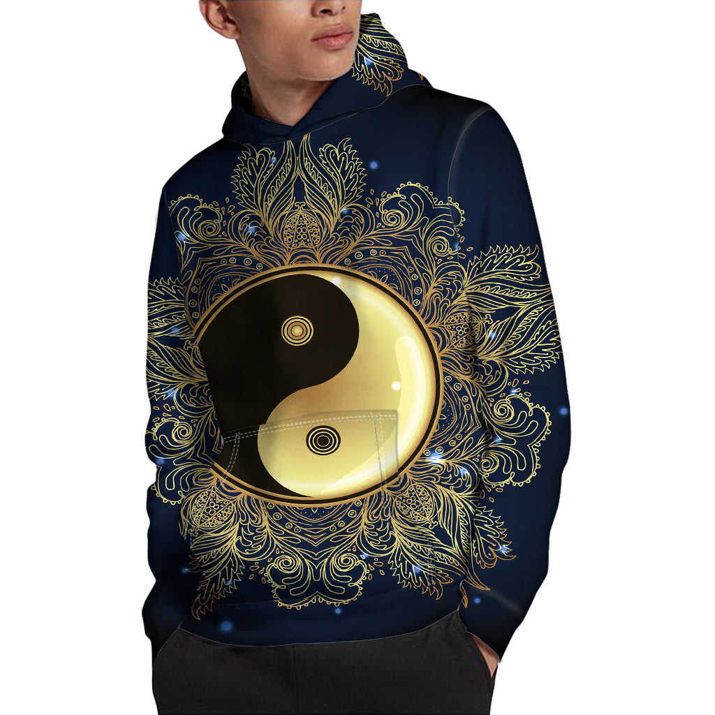 Gold Yin Yang Mandala Print Pullover Hoodie