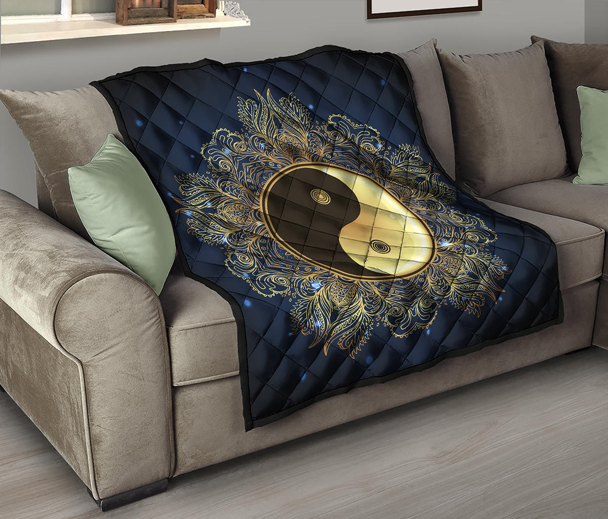 Gold Yin Yang Mandala Print Quilt