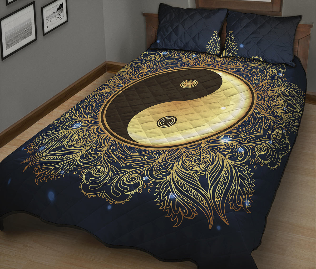 Gold Yin Yang Mandala Print Quilt Bed Set