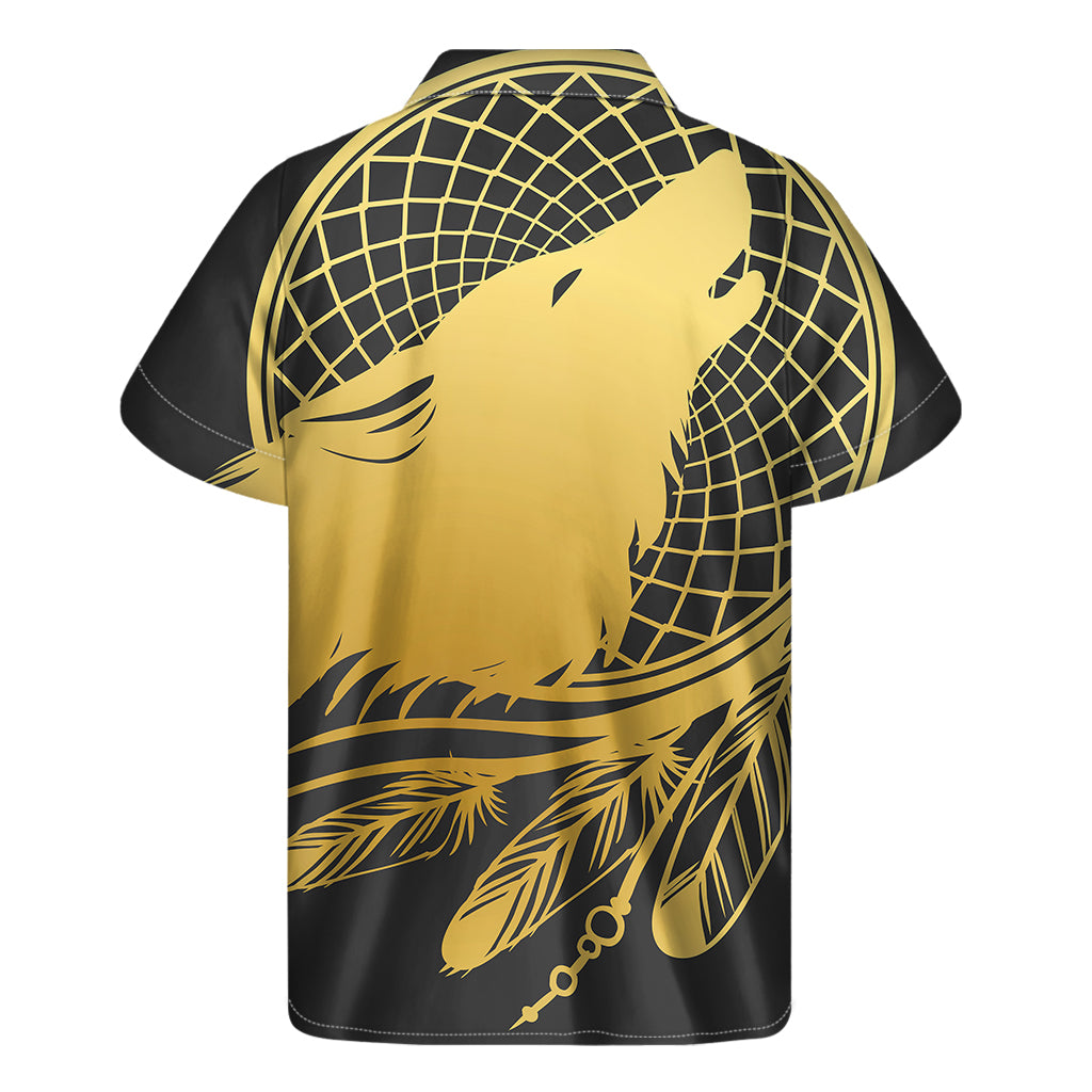 Golden Bohemian Howling Wolf Print Men's Short Sleeve Shirt