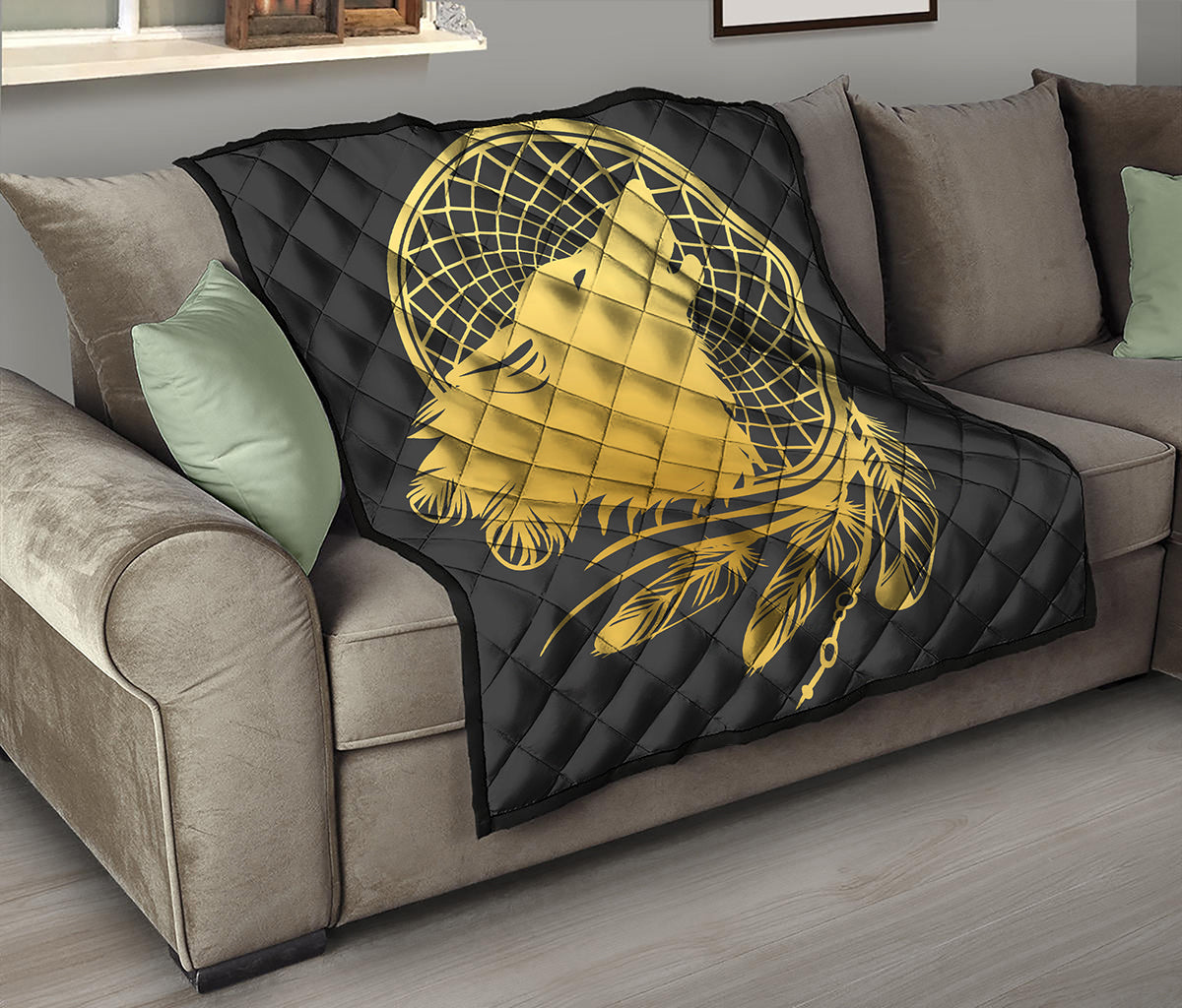 Golden Bohemian Howling Wolf Print Quilt