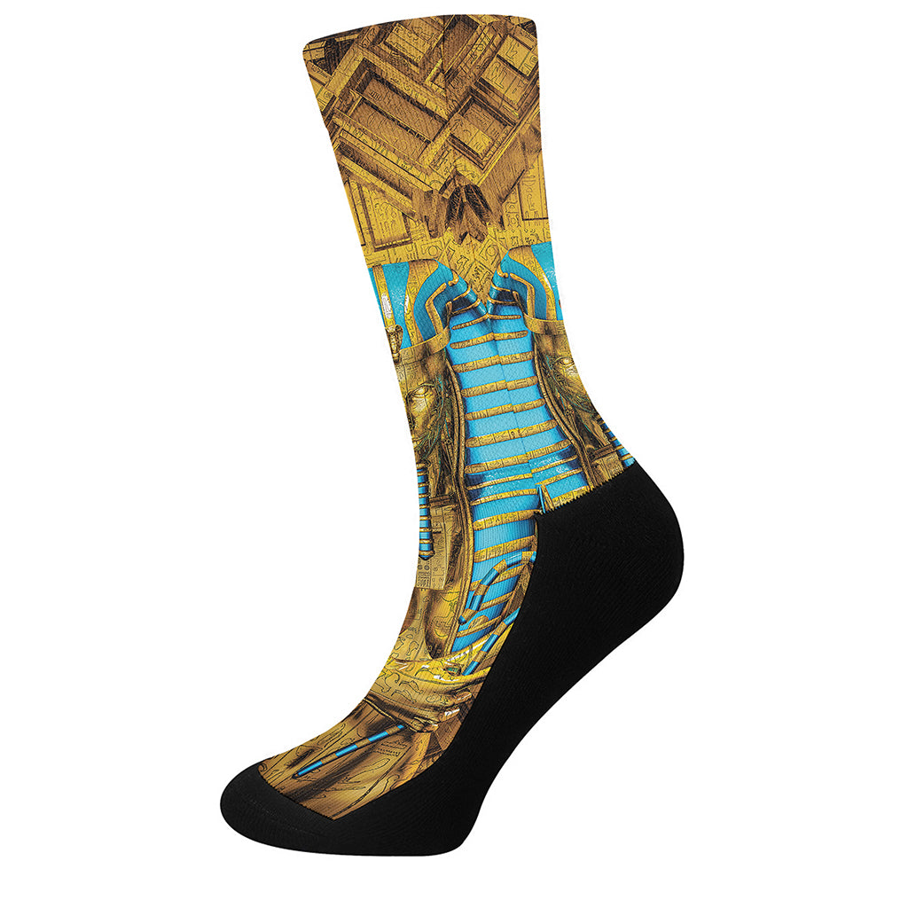 Golden Egyptian Pharaoh Print Crew Socks