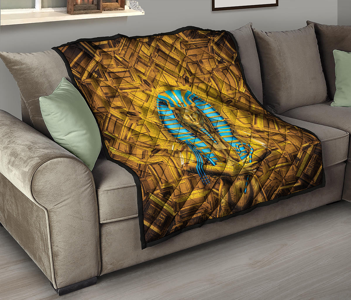Golden Egyptian Pharaoh Print Quilt