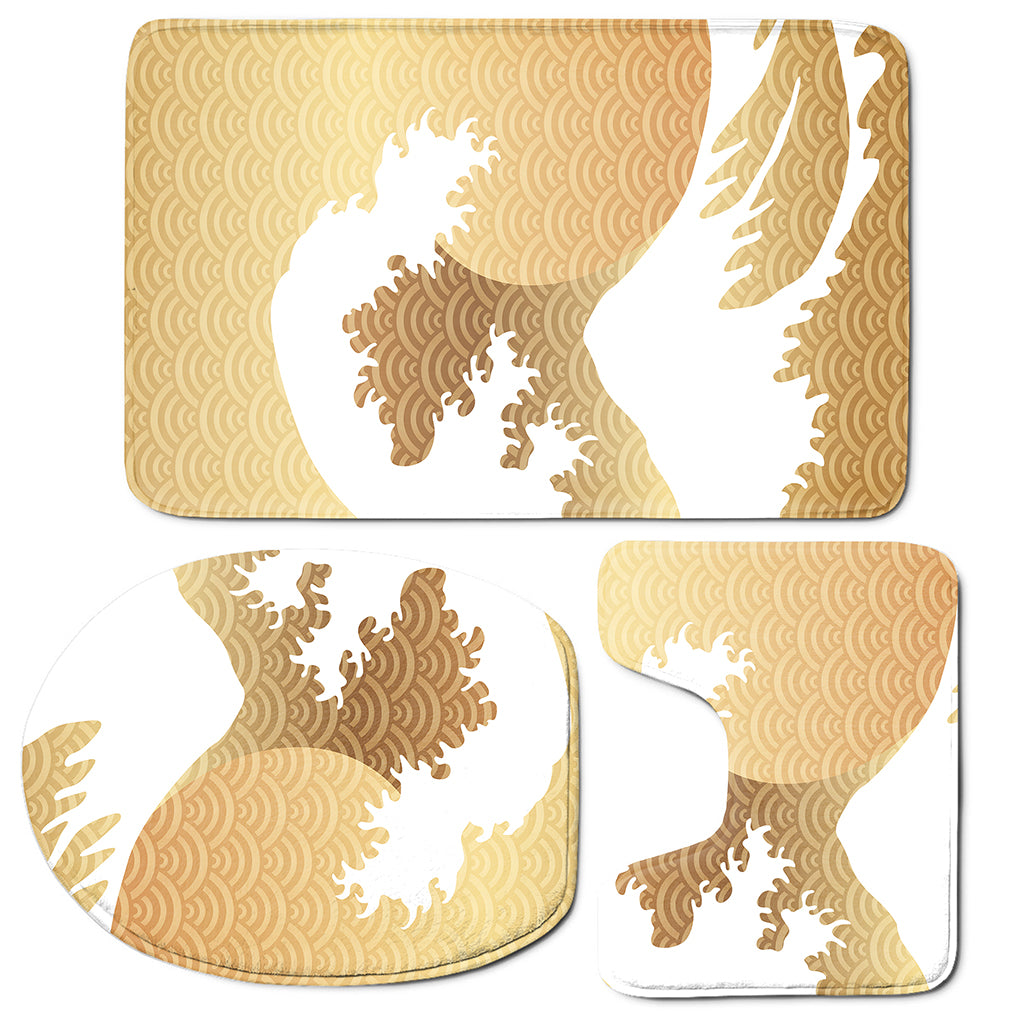 Golden Kanagawa Wave Print 3 Piece Bath Mat Set