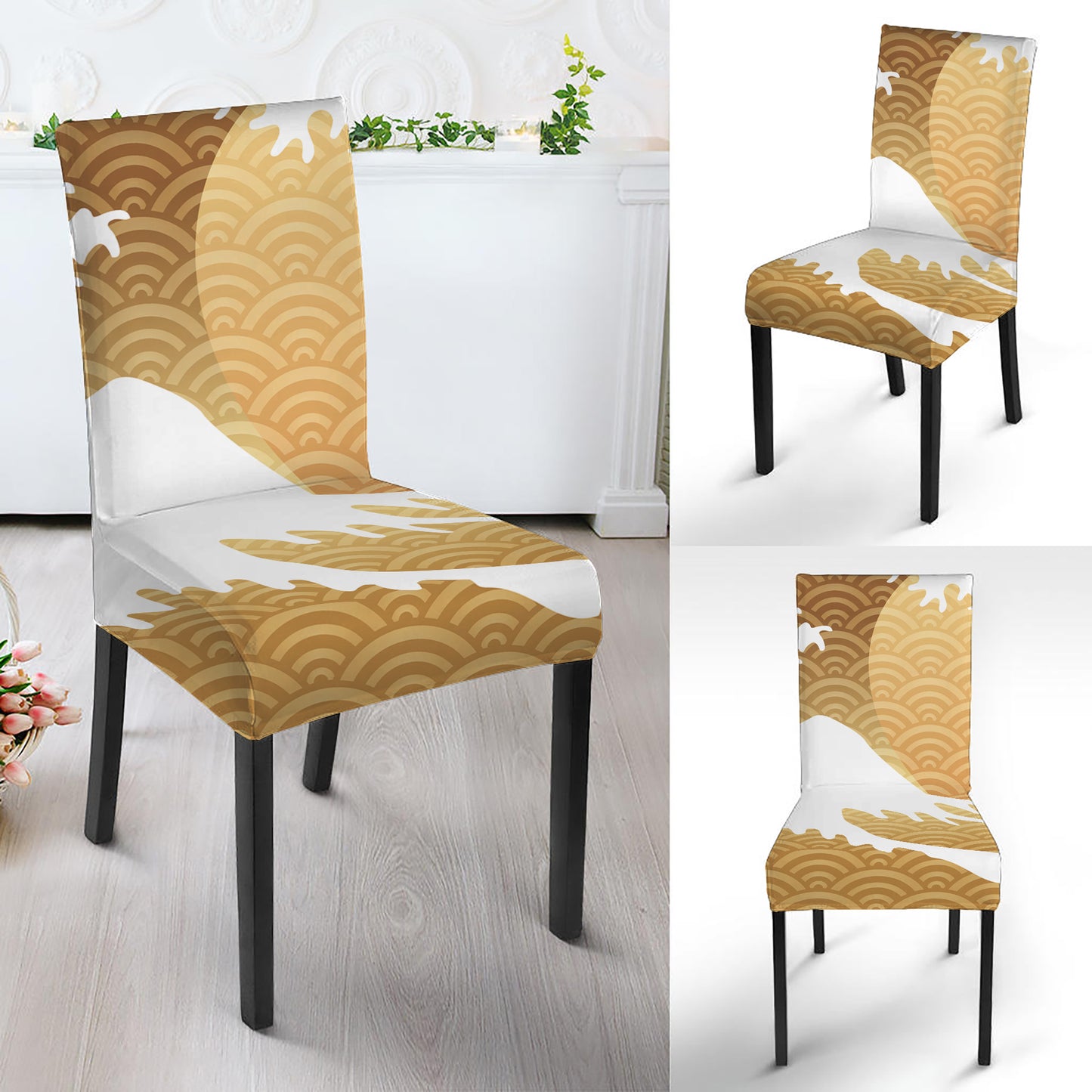 Golden Kanagawa Wave Print Dining Chair Slipcover