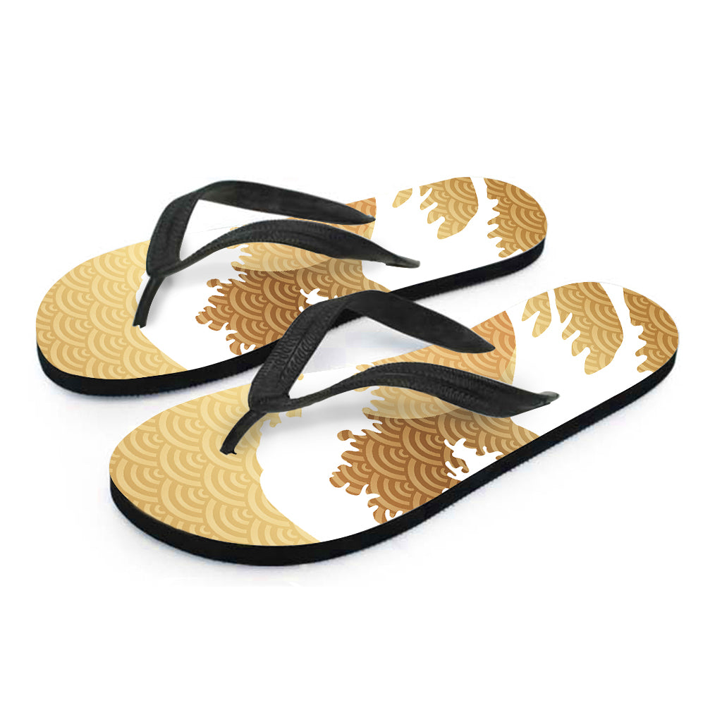 Golden Kanagawa Wave Print Flip Flops