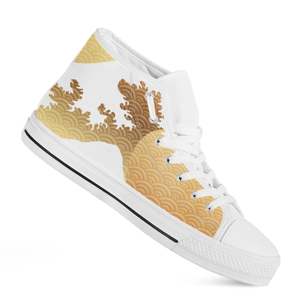 Golden Kanagawa Wave Print White High Top Shoes