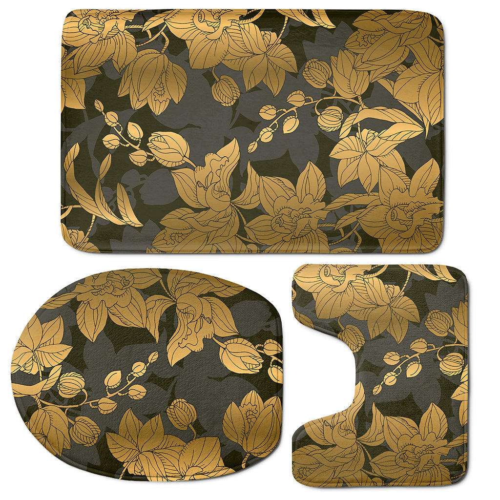 Golden Orchid Pattern Print 3 Piece Bath Mat Set