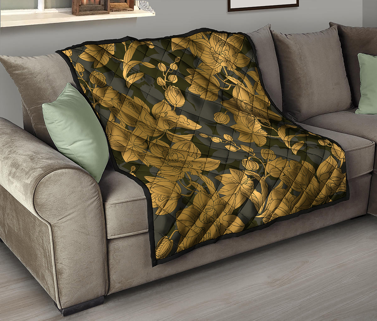 Golden Orchid Pattern Print Quilt