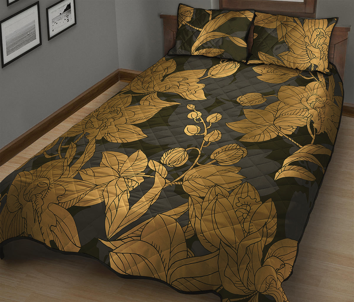 Golden Orchid Pattern Print Quilt Bed Set