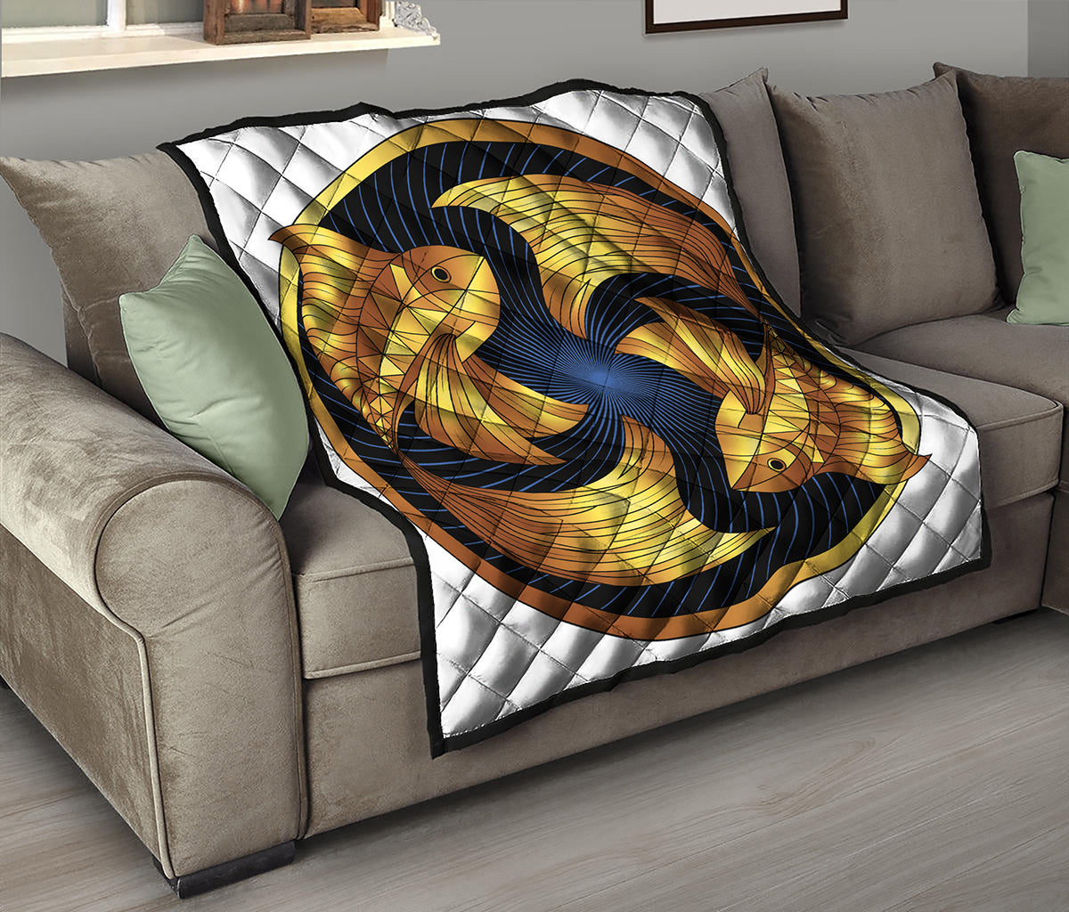 Golden Pisces Zodiac Sign Print Quilt