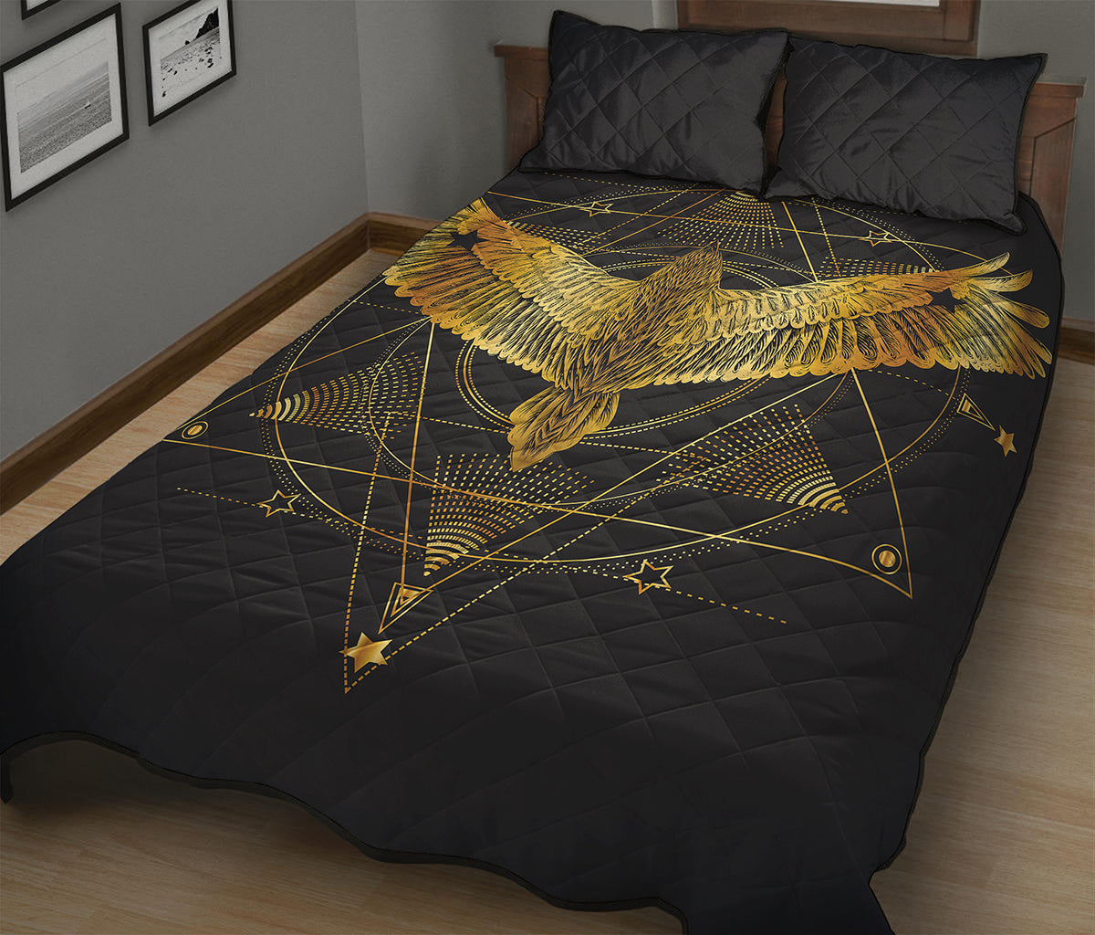 Golden Spiritual Bird Print Quilt Bed Set