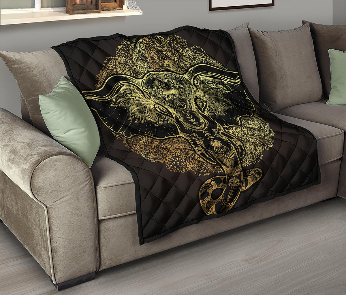 Golden Spiritual Elephant Print Quilt