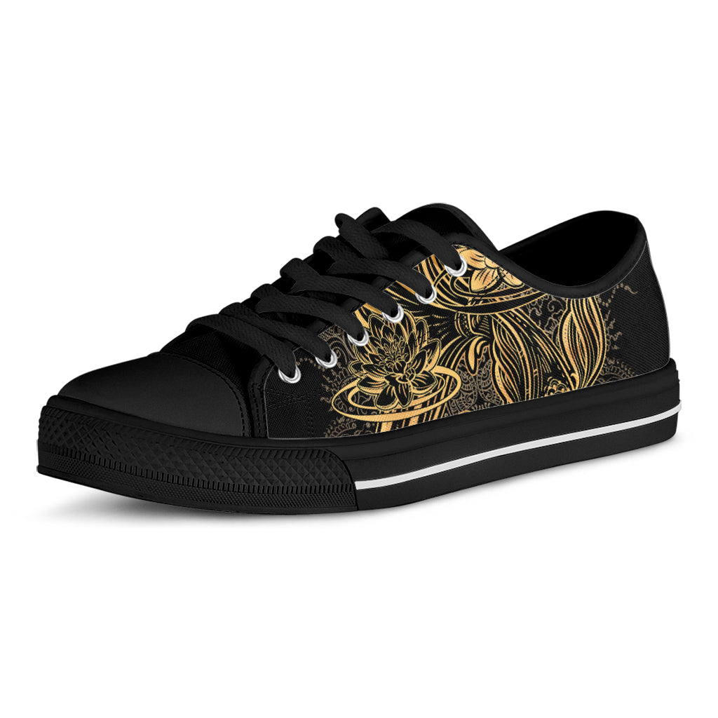Golden Spiritual Koi Carp Print Black Low Top Shoes