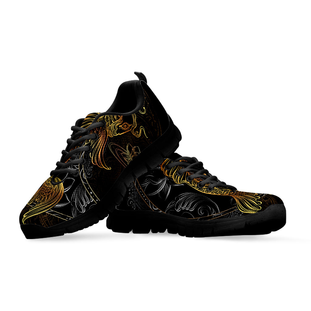 Golden Spiritual Koi Fish Print Black Sneakers