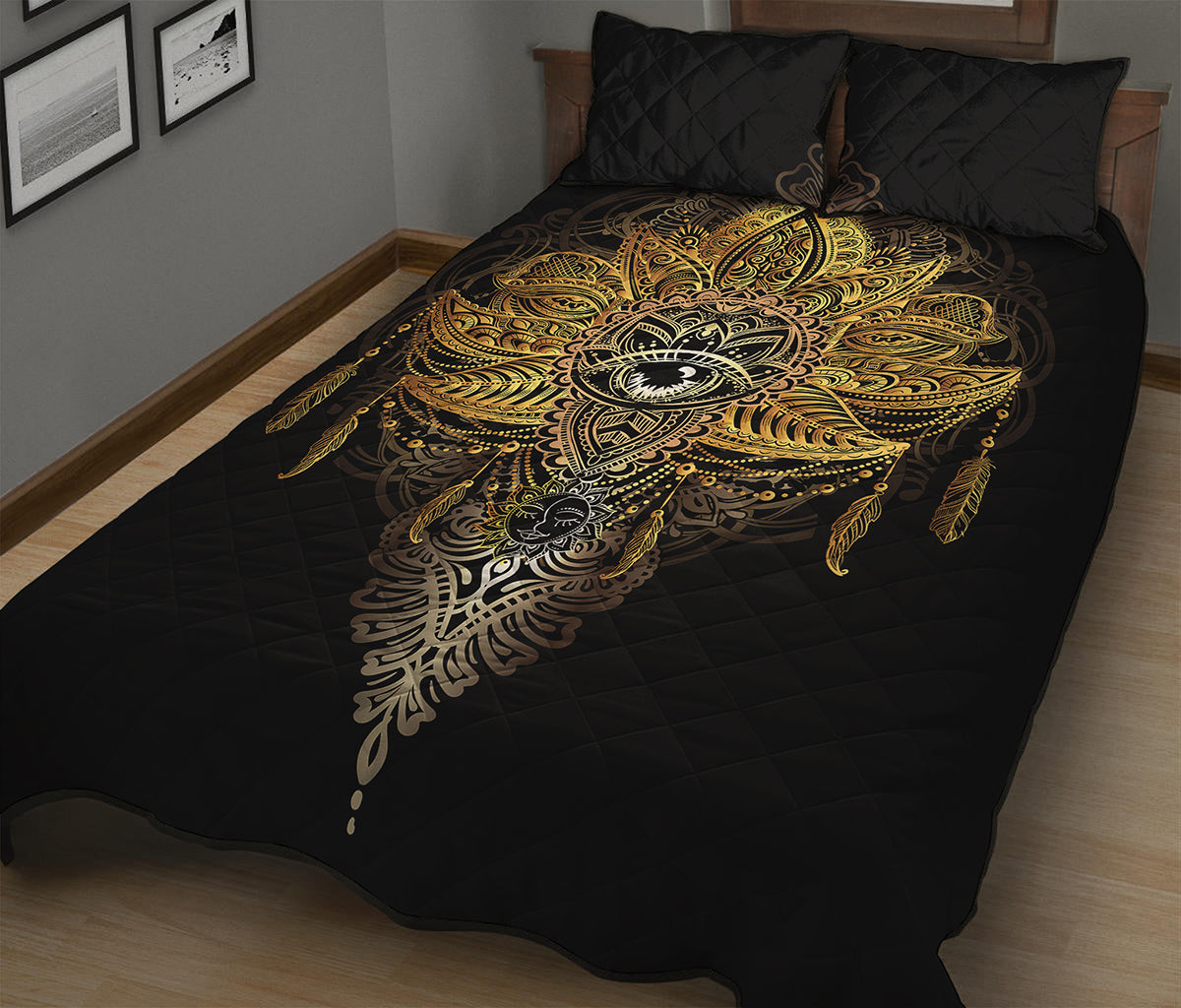 Golden Spiritual Lotus Print Quilt Bed Set